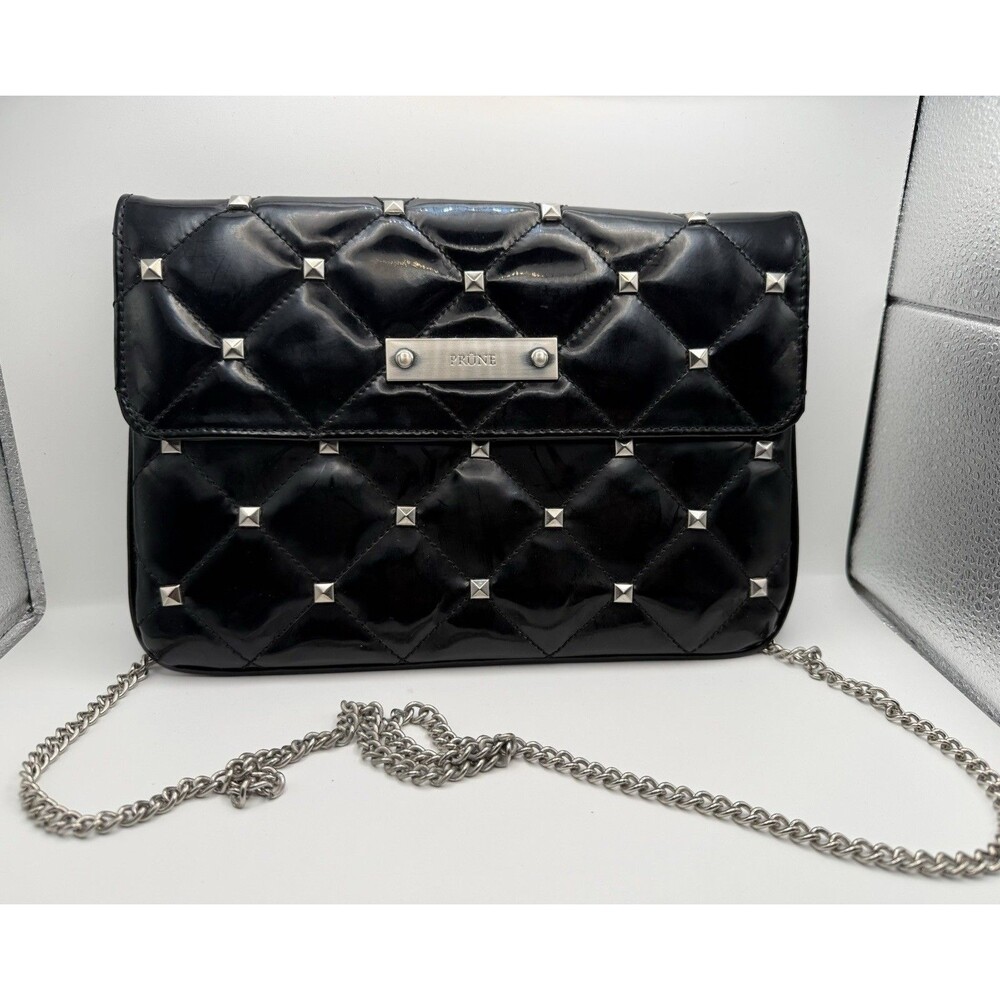 PRÜNE Black Quilted Studded Crossbody Bag Silver Chain, Magnetic, Pockets